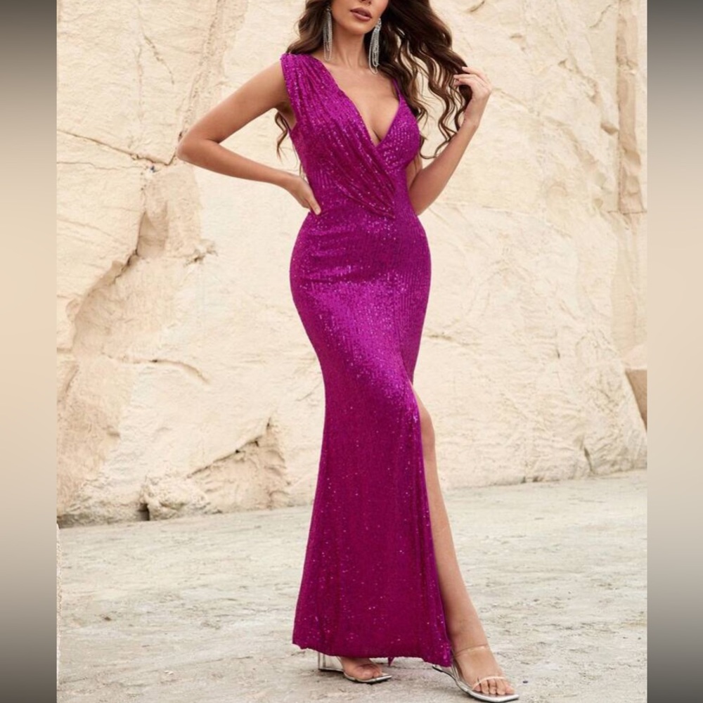 Luxe slit thigh prom wedding party sequins  dress - Picture 8 of 8